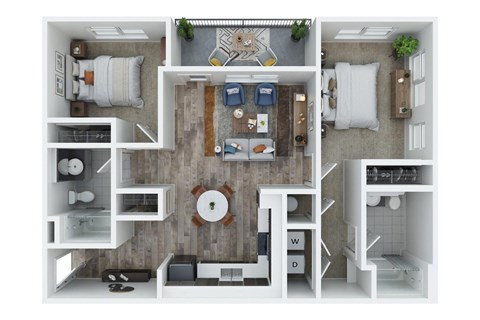 Floor plan for 2 beds, 2 baths, 940 sqft